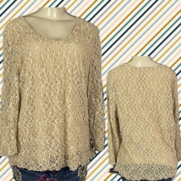 Coldwater Creek +2X Sand Beige V-Neck Mesh Lace Lined Sheer 3/4 Sleeve Blouse - Picture 1 of 6